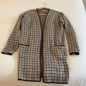 Nine West Houndstooth Long Open Cardigan - Black, Cream & Tan
